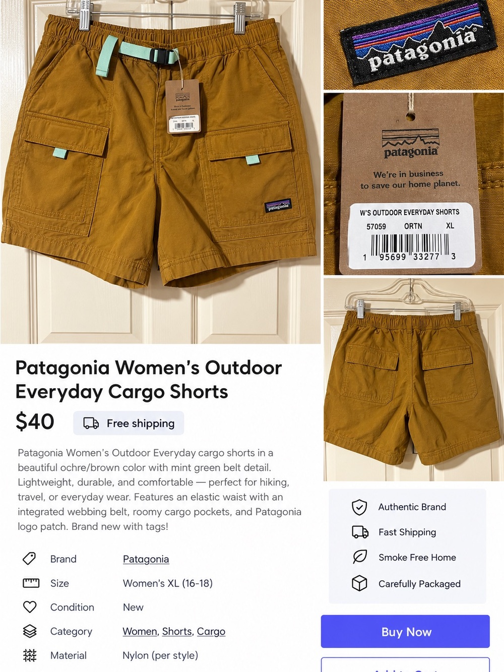 Patagonia Women’s Ochre Cargo Shorts with Mint Belt Accents